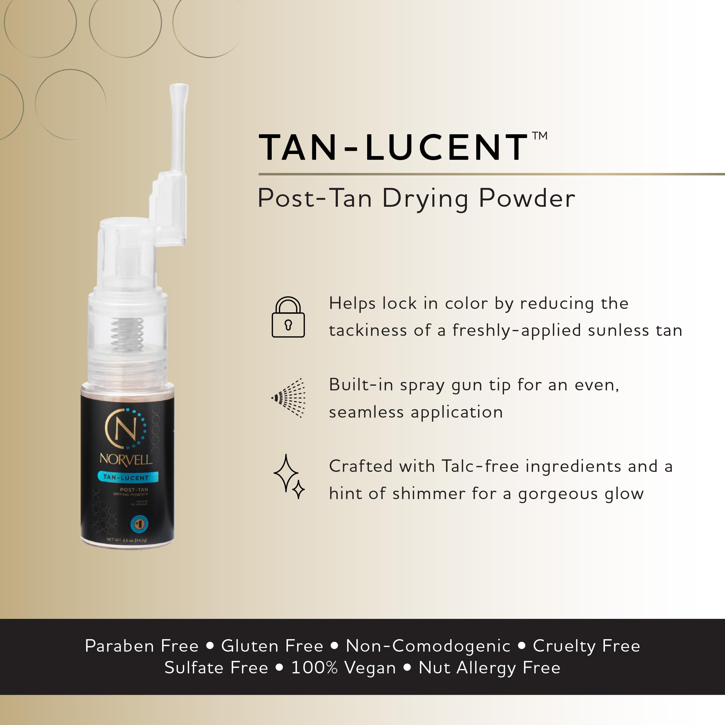 Norvell Tan-Lucent, aplicación corporal con polvo ligero para secado rápido tras bronceado.