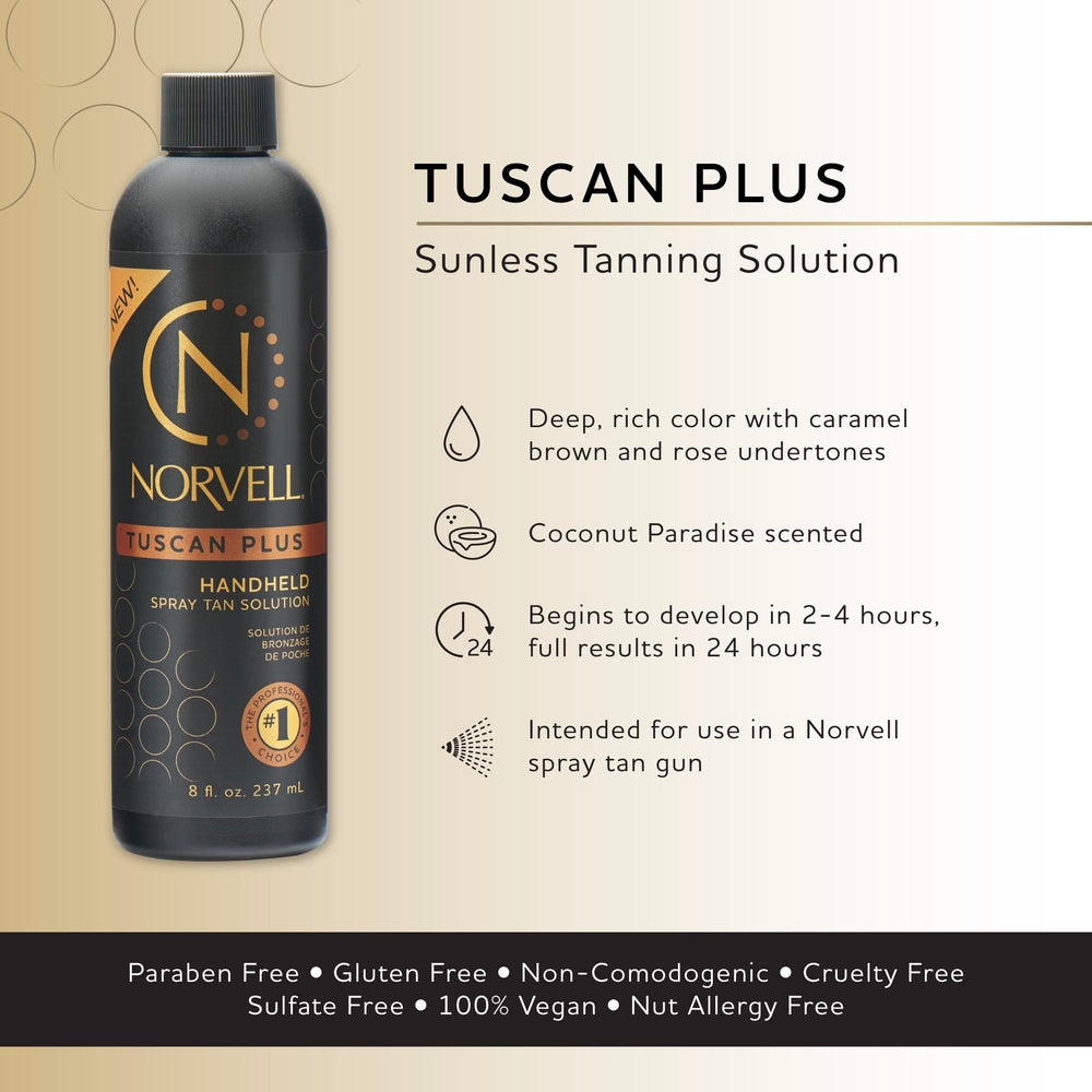 Close-up of spray tan gun applying Norvell Tuscan Plus solution.