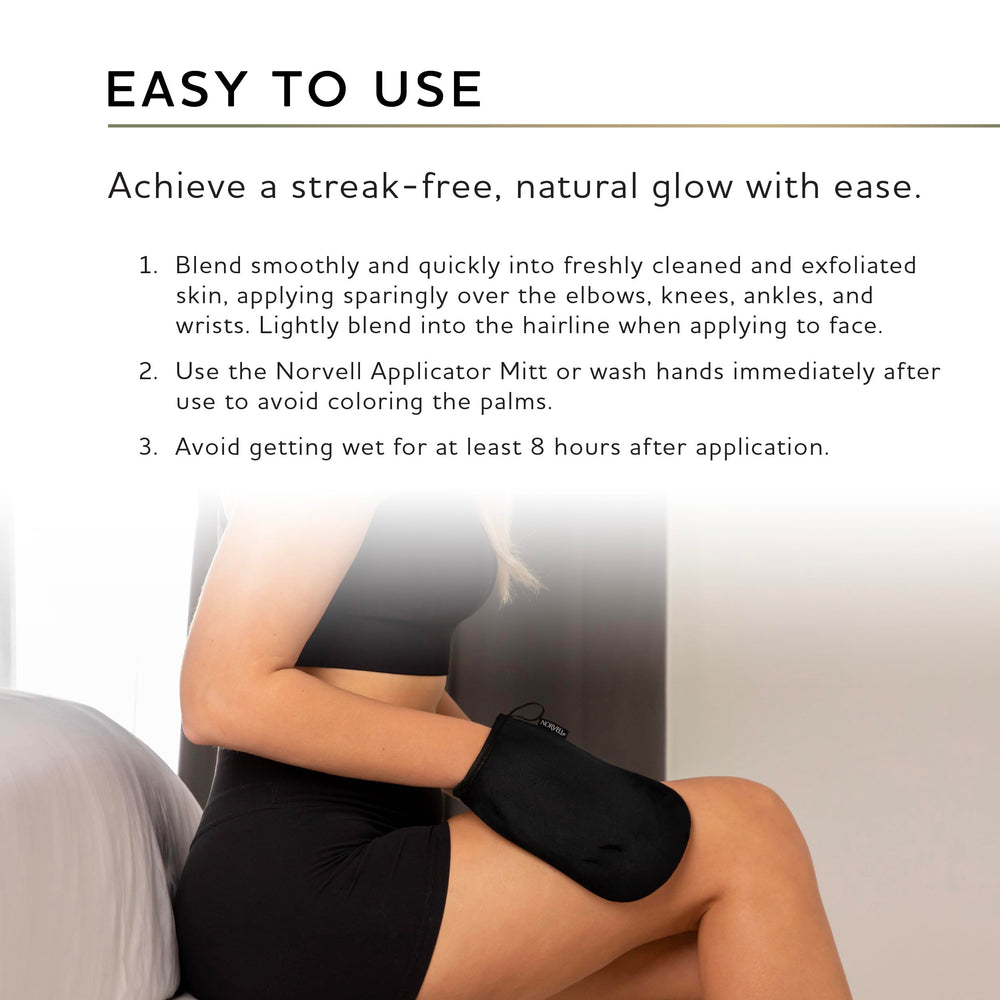 Norvell Venetian self-tanner mousse in bathroom setting promotes convenient home tanning