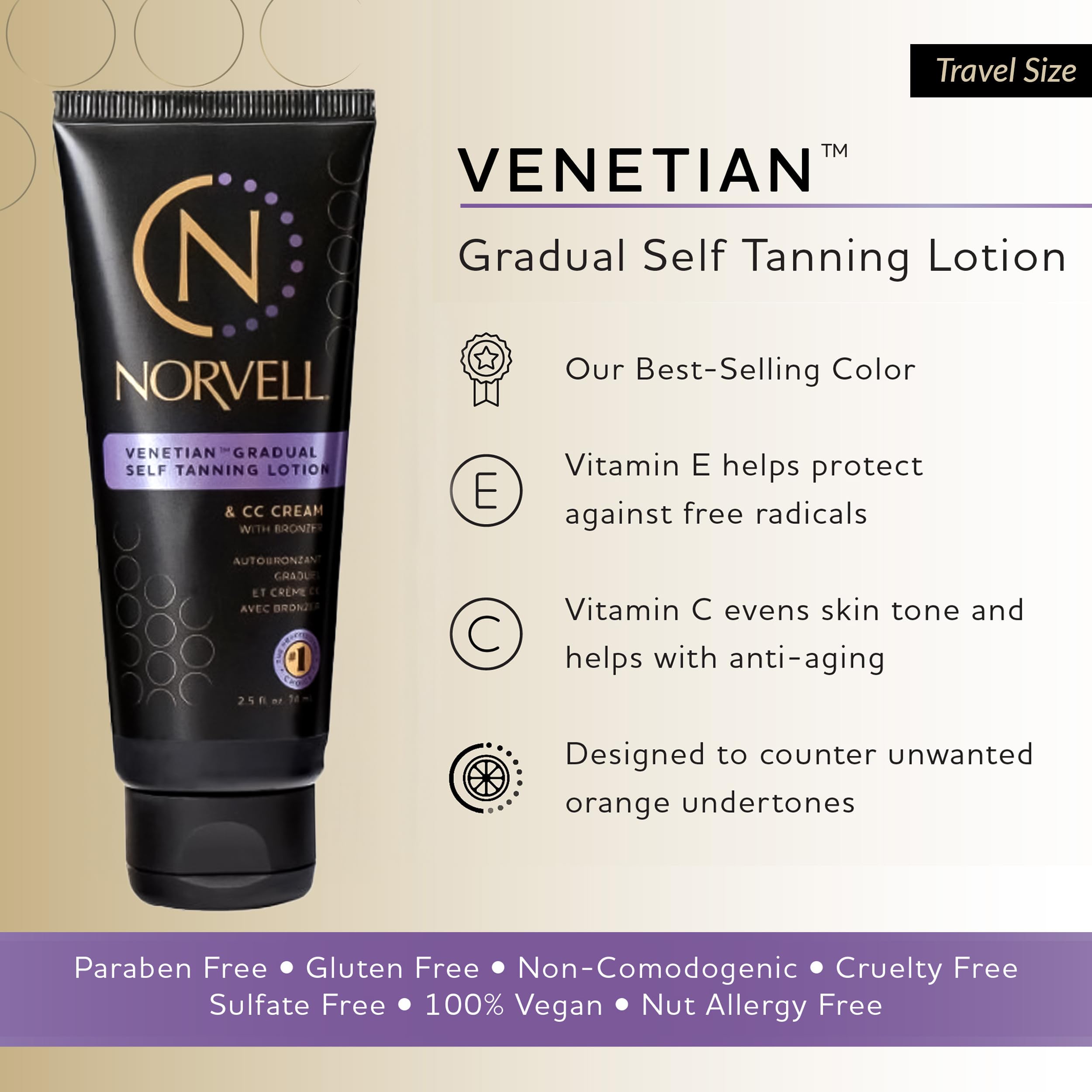 Norvell Venetian travel-size bottle highlights convenient on-the-go tanning.