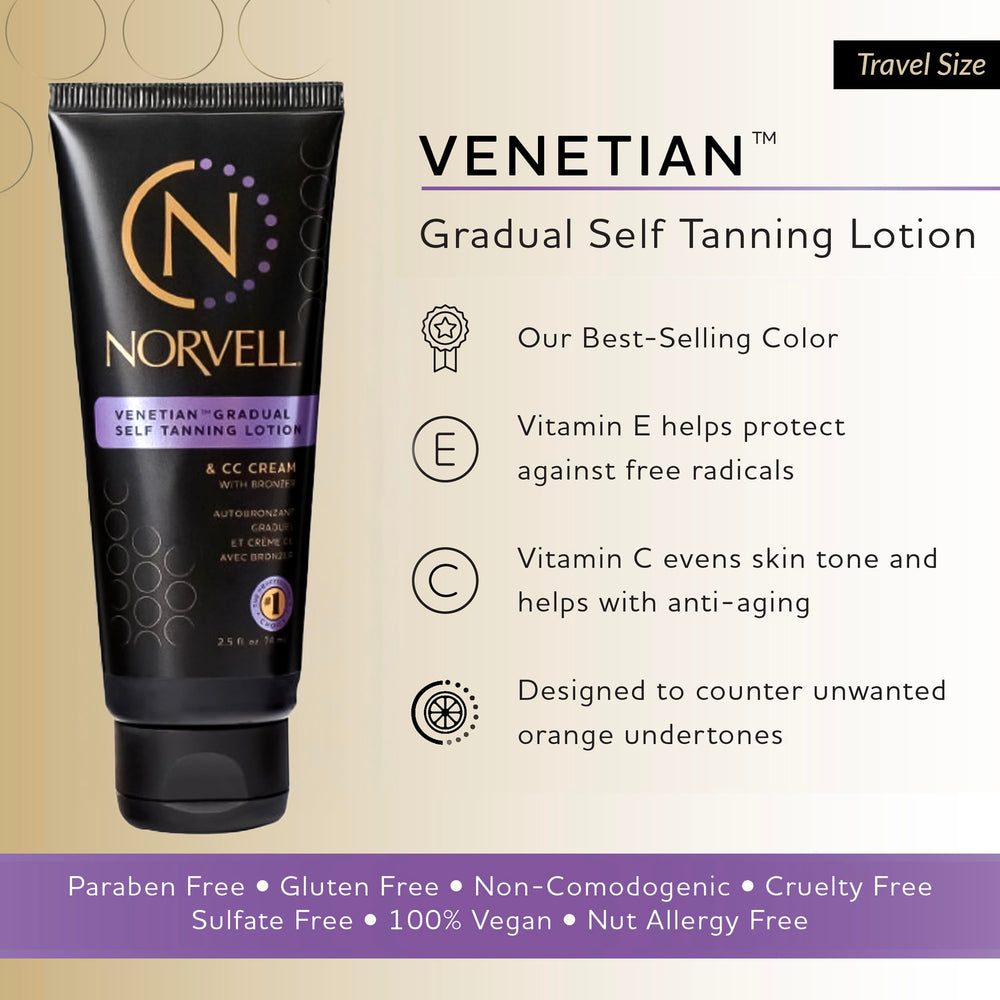 Norvell Venetian travel-size bottle highlights convenient on-the-go tanning.