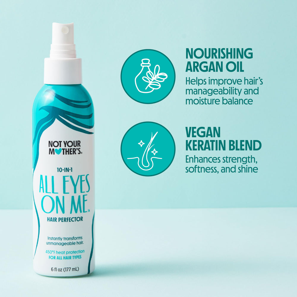 Not Your Mother's All Eyes On Me label design emphasizes 10-in-1 benefits across hair types.