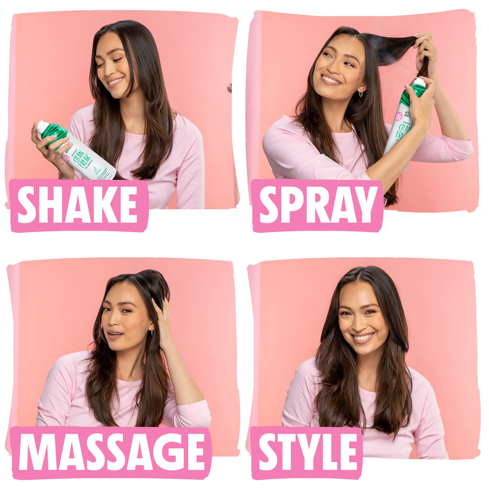 Not Your Mother's Beach Babe Jumbo Dry Shampoo spray application for quick oil absorption.