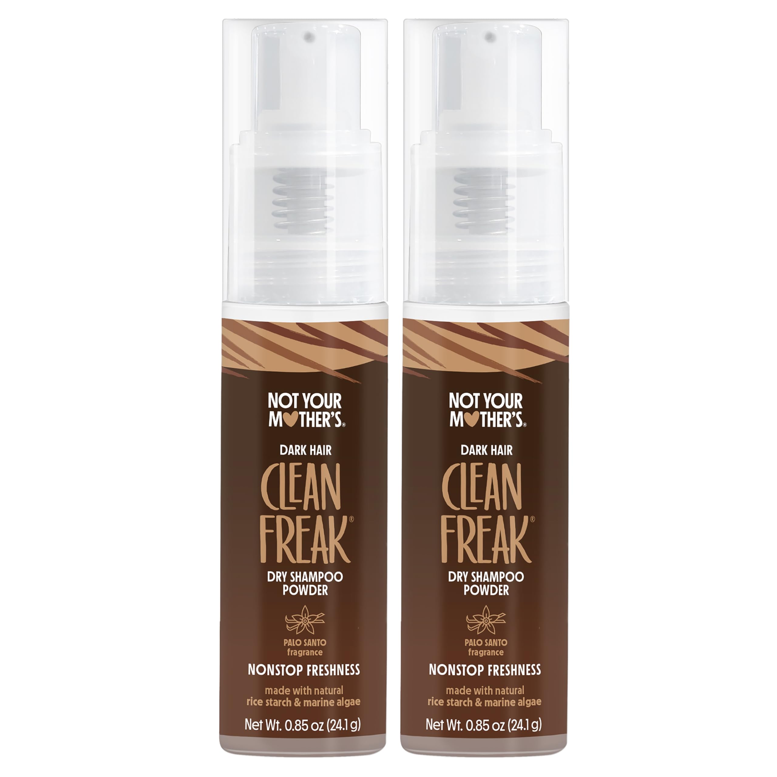 Not Your Mother's Clean Freak dark hair dry shampoo powder bottle front shows tinted formula for brunette refresh.