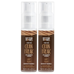 Not Your Mother's Clean Freak dark hair dry shampoo powder bottle front shows tinted formula for brunette refresh.