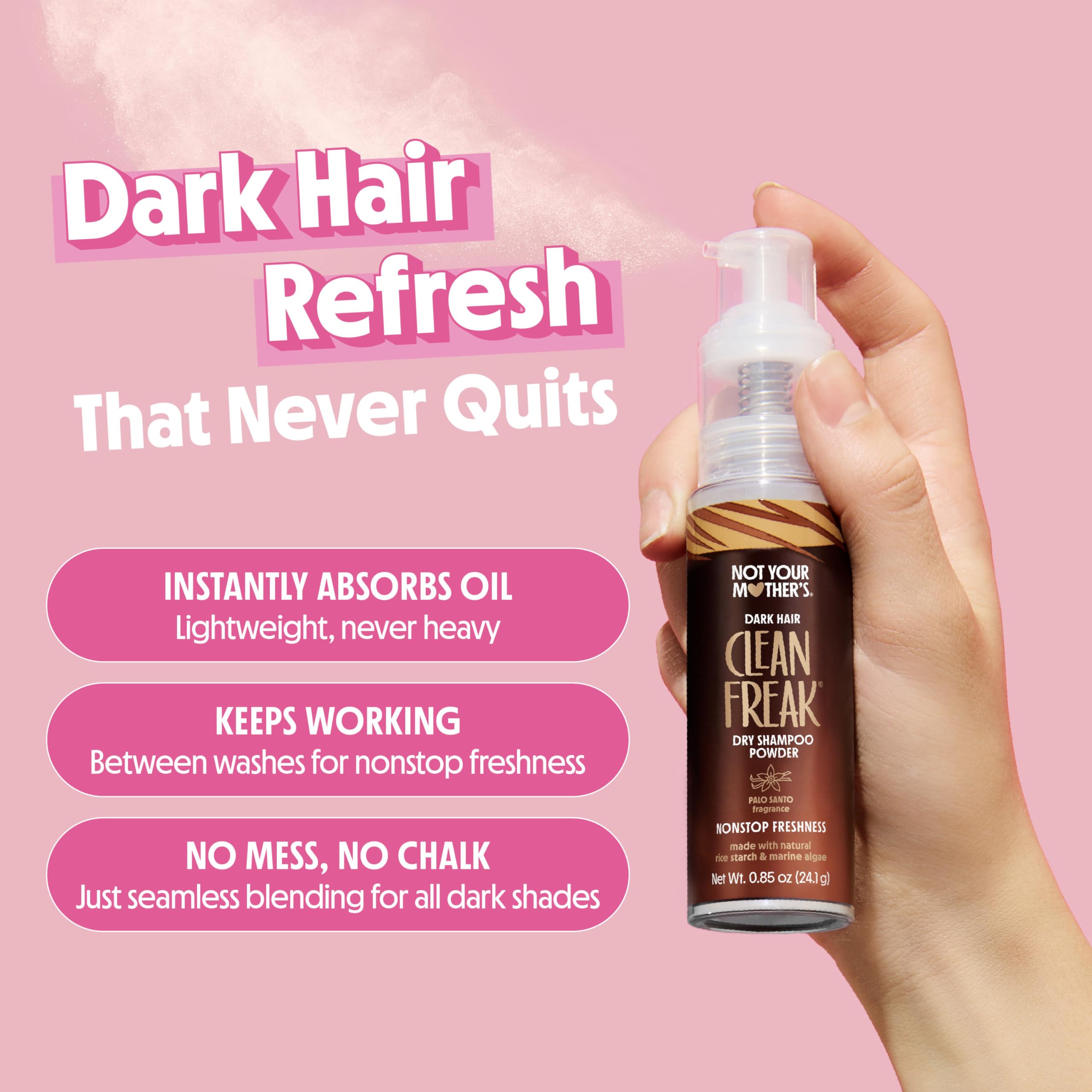 Not Your Mother's Clean Freak bottle and brush display emphasizes talc-free, vegan formulation.