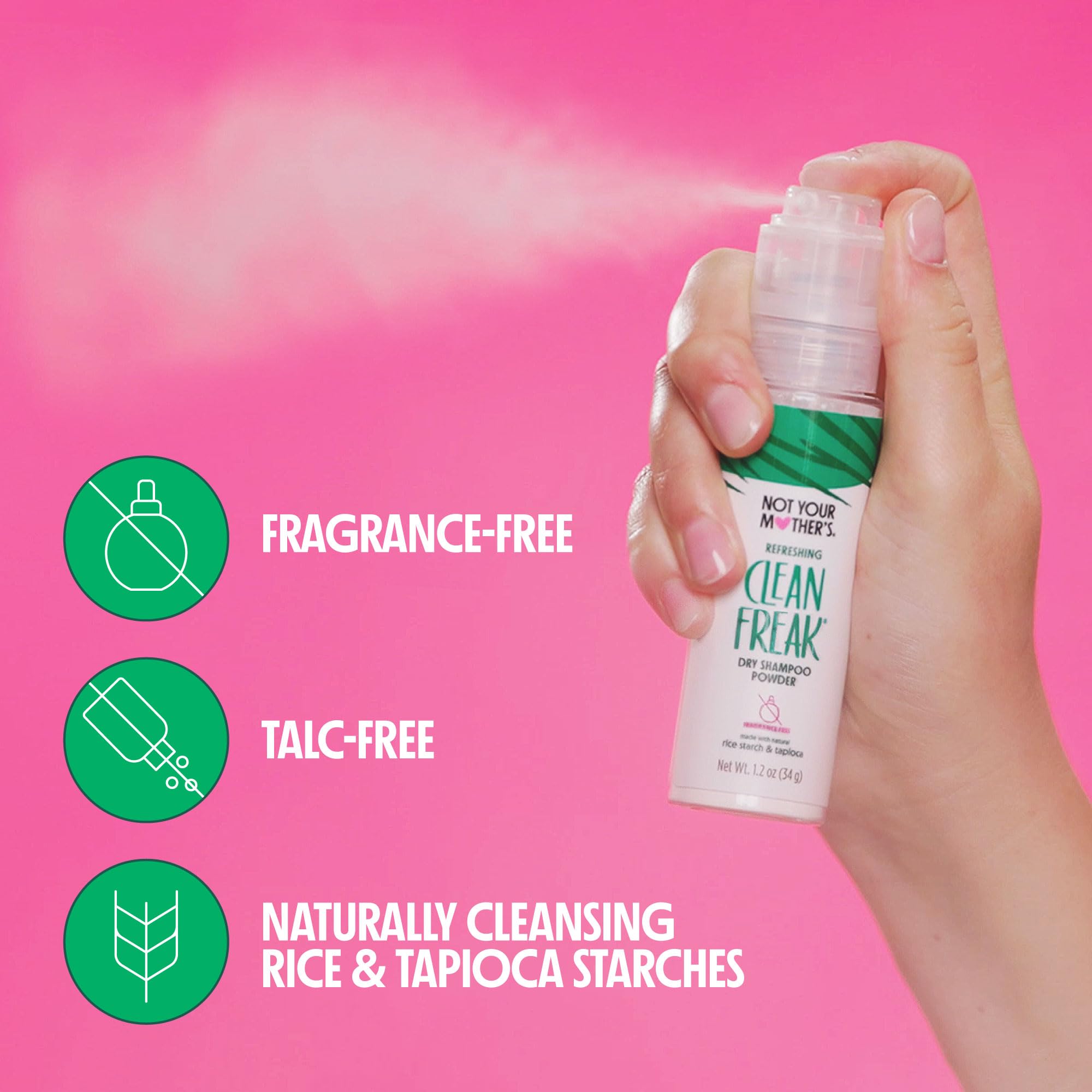 Not Your Mother's Clean Freak unscented dry shampoo powder dispensing on roots for oil absorption
