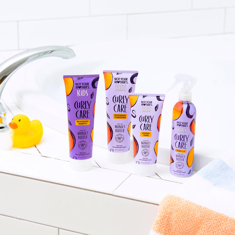 Not Your Mother's Kids Curly Care 4-pack box display with kid-friendly routine.