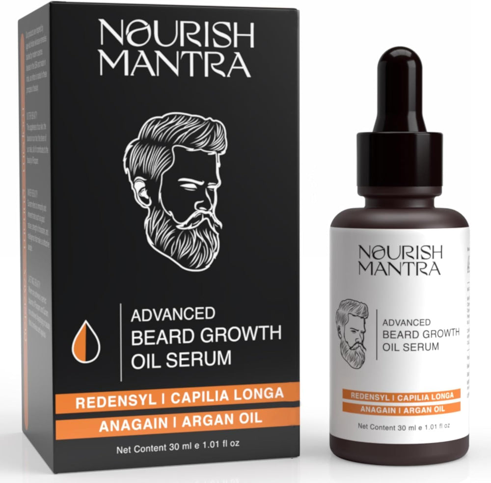NOURISH MANTRA beard growth oil serum bottle promotes a fuller, denser beard.