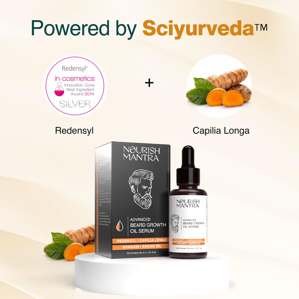 NOURISH MANTRA beard growth oil serum dropper shows quick absorption for a smooth finish.