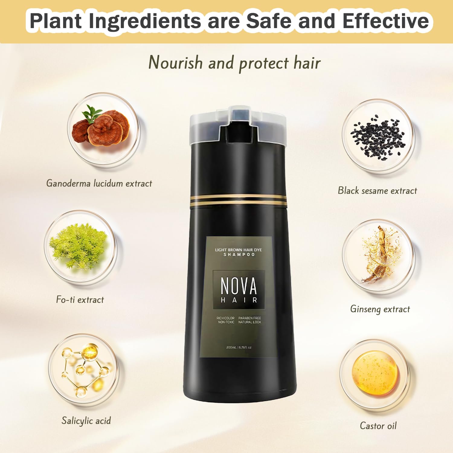 Nova Hair Dye Shampoo gray hair coverage close-up showing color transformation.