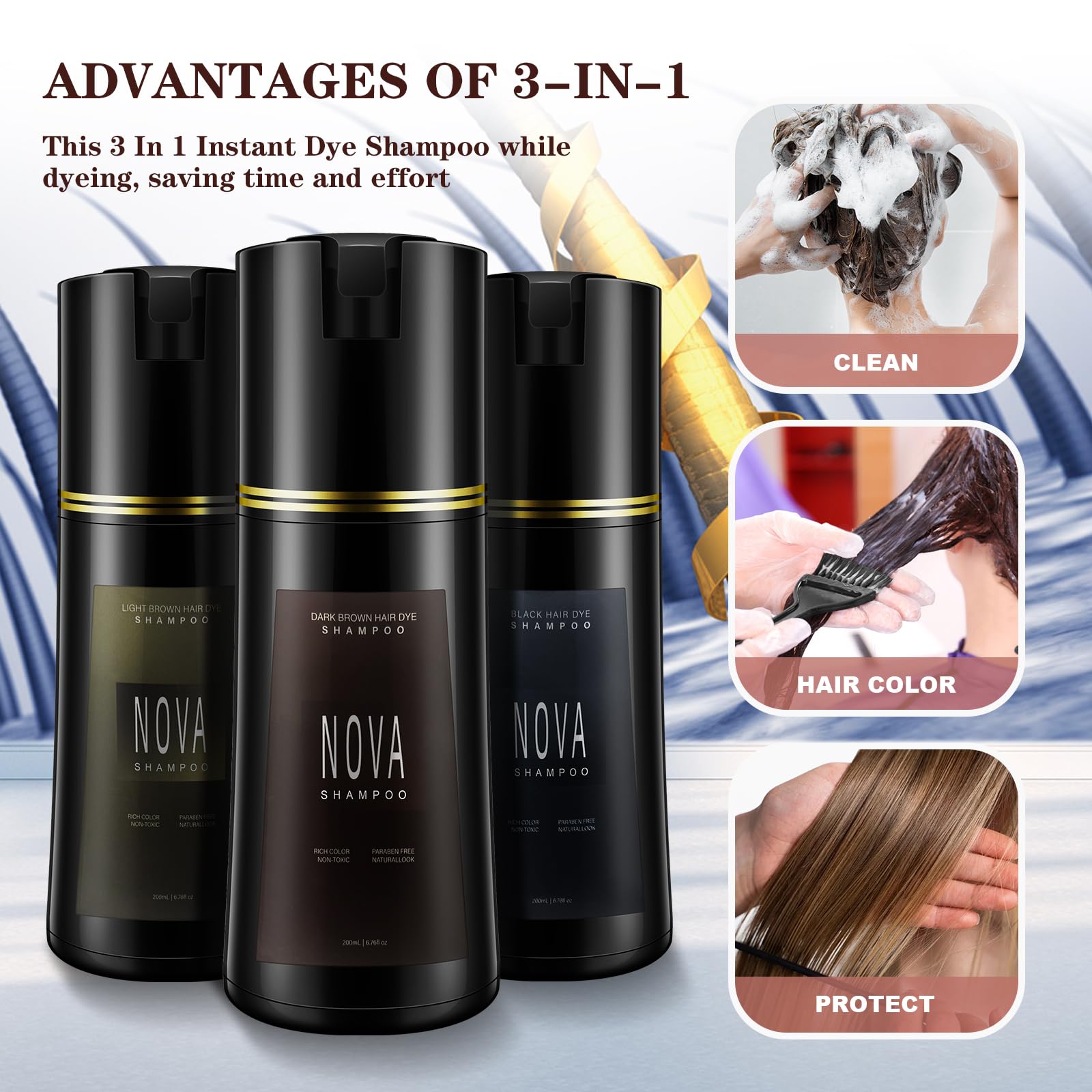 Nova Shampoo close-up of bottle label emphasizes 3-in-1 benefits.