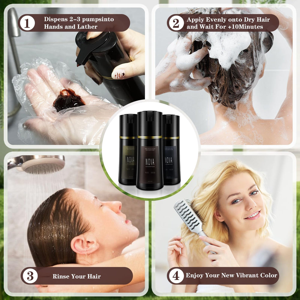 Nova Shampoo before-and-after coverage shows visible gray reduction.