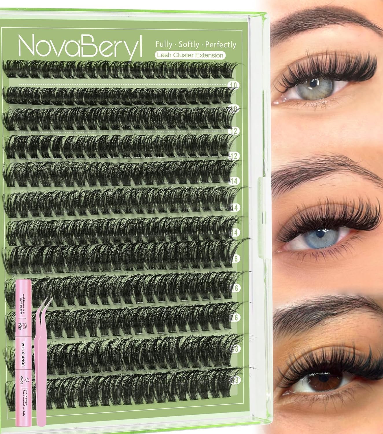 NovaBeryl fluffy lash clusters 60D kit for airy volume at home.