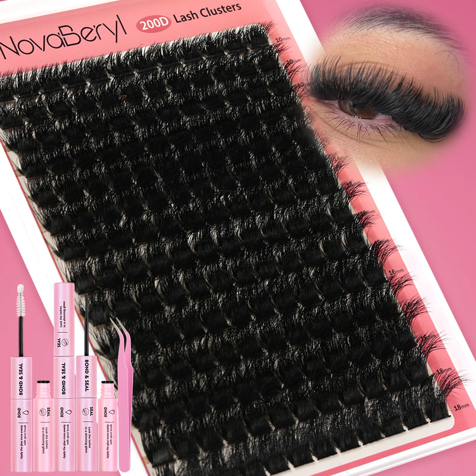 NovaBeryl Lash Clusters Kit 200D volume for bold, fluffy lashes.