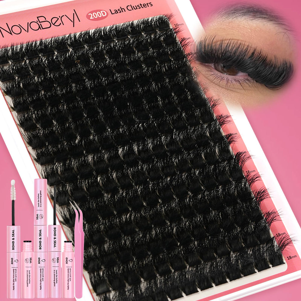 NovaBeryl Lash Clusters Kit 200D volume for bold, fluffy lashes.