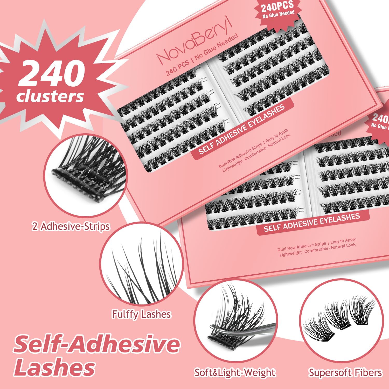 NovaBeryl pre-glued lash clusters enabling one-second application.