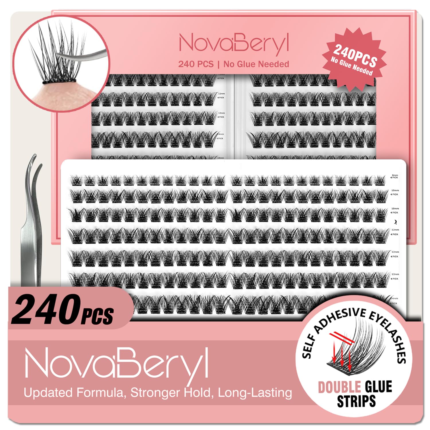 NovaBeryl self-adhesive lash clusters for quick, mess-free application.