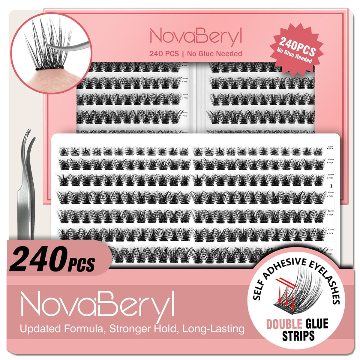 NovaBeryl self-adhesive lash clusters for quick, mess-free application.