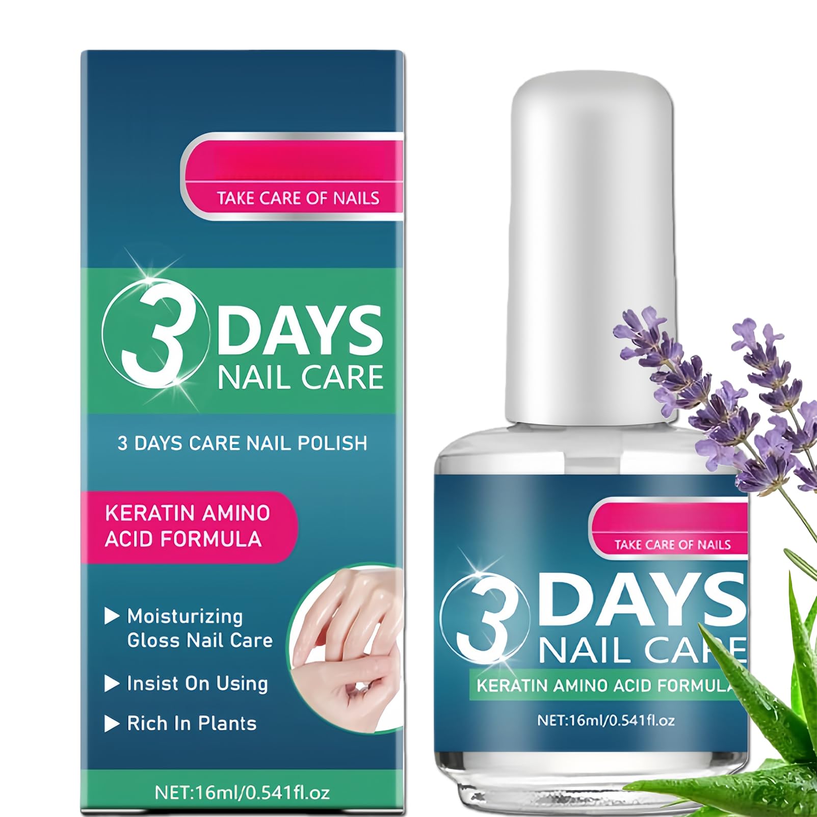 NovaCharm 3 Days Nail Care bottle closeup showing clear glossy finish on natural nails.