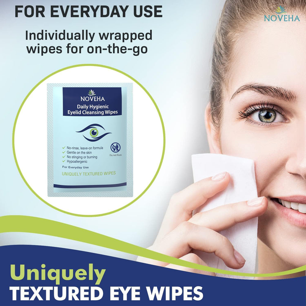 Applying a NOVEHA wipe to the eyelid area for gentle cleansing.