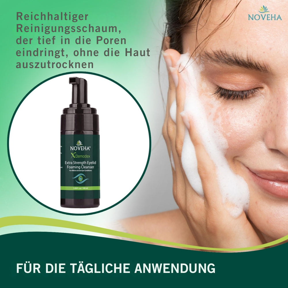 NOVEHA Daily eye care routine scene demonstrates safe, gentle cleansing.