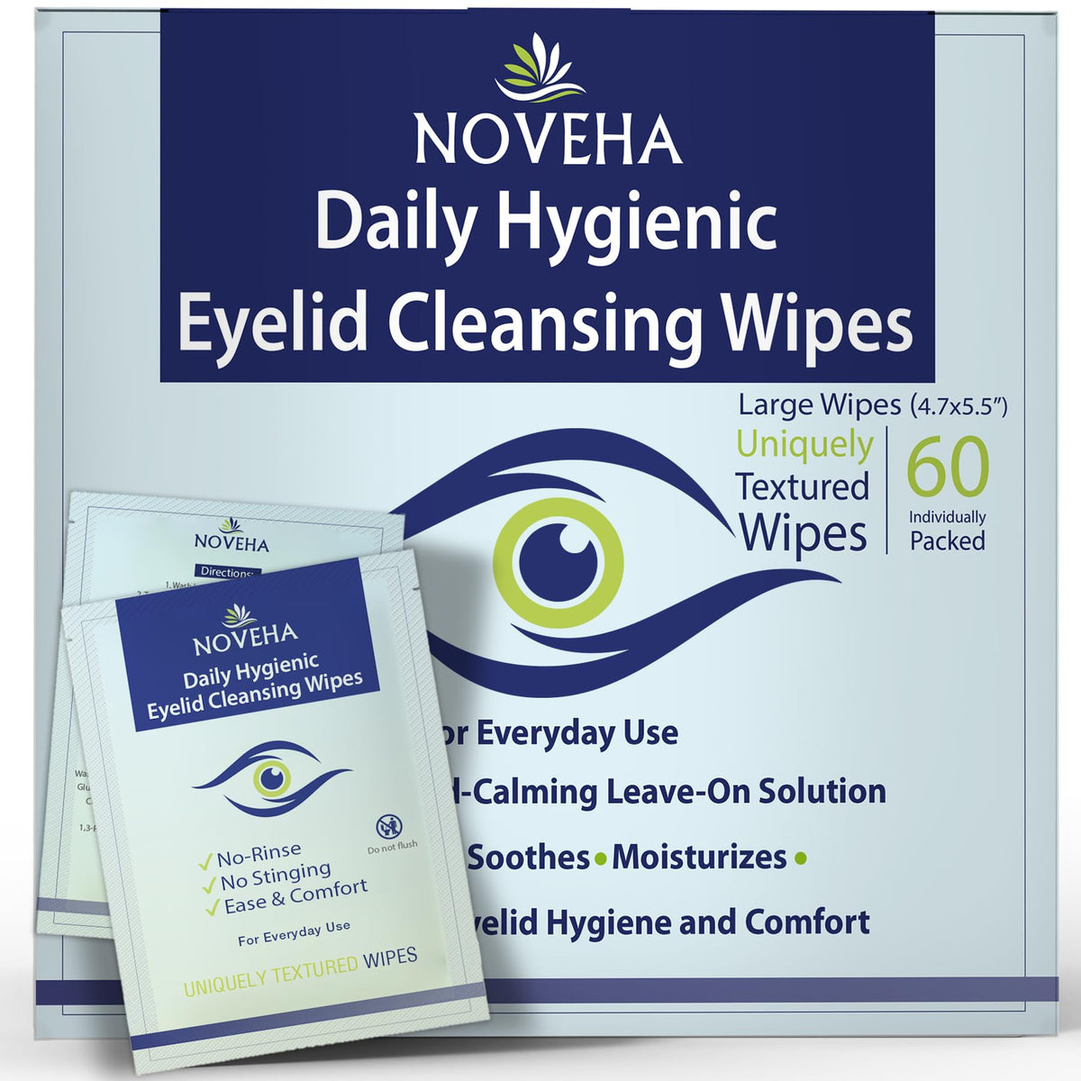 NOVEHA daily eyelid wipes packaging shown for convenient on-the-go eye hygiene.