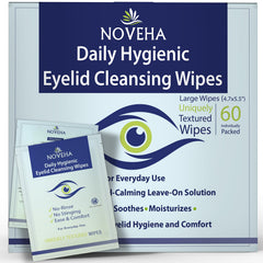 NOVEHA daily eyelid wipes packaging shown for convenient on-the-go eye hygiene.