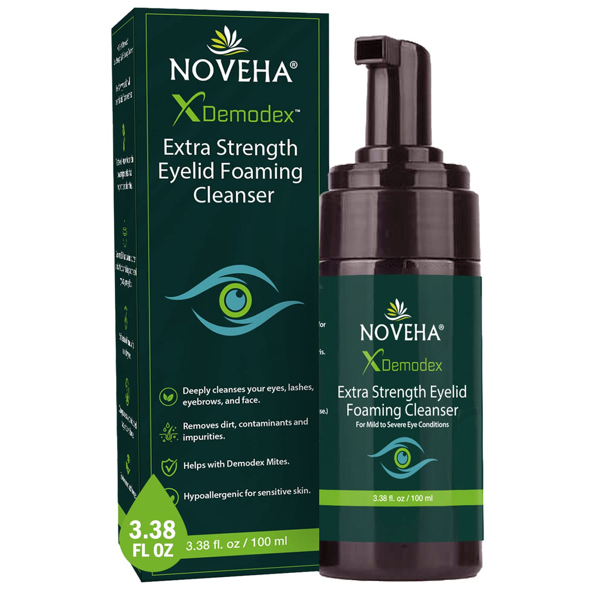 NOVEHA Demodex Eyelid Cleanser Foam bottle for daily eyelid hygiene and gentle cleansing.