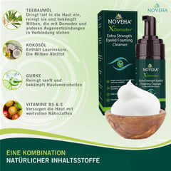 NOVEHA Demodex Eyelid Cleanser Foam pump demonstrates extra-strength cleansing for irritated eyes.