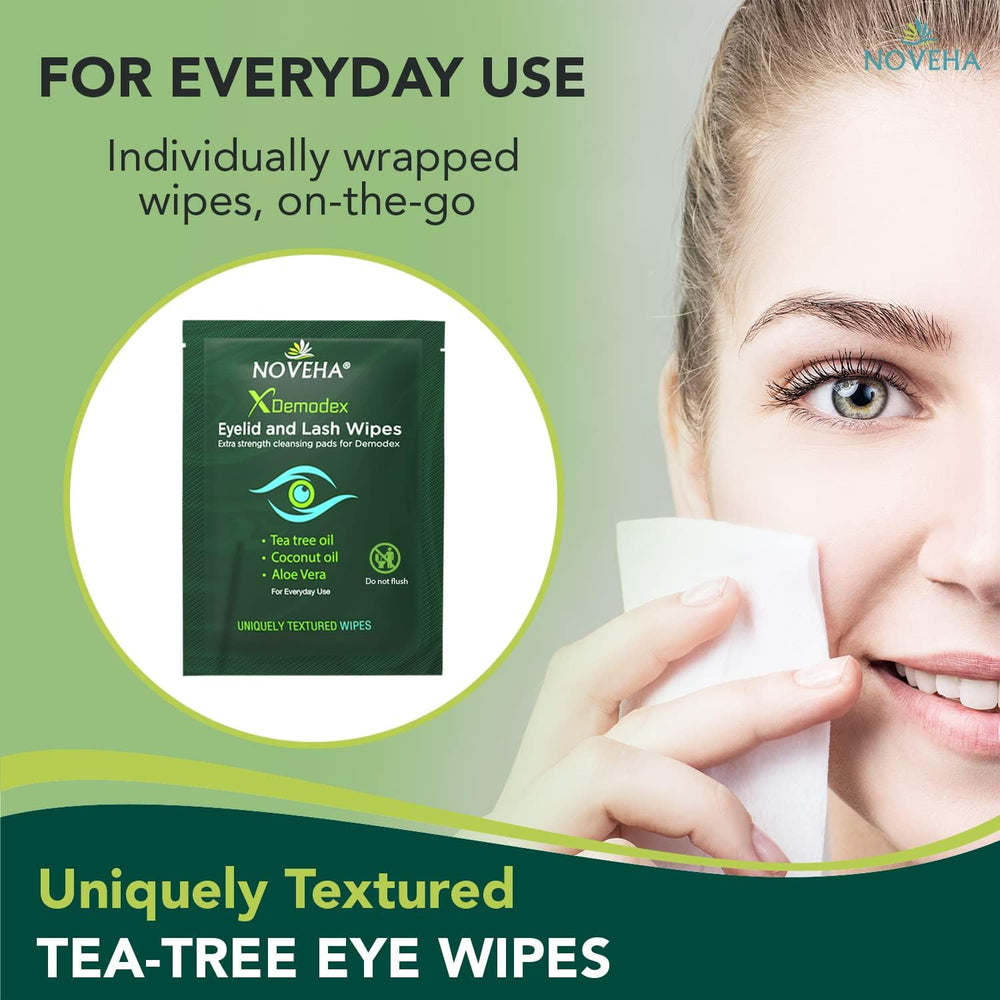 Aloe vera and cucumber in NOVEHA wipes calm and moisture the delicate eye skin.