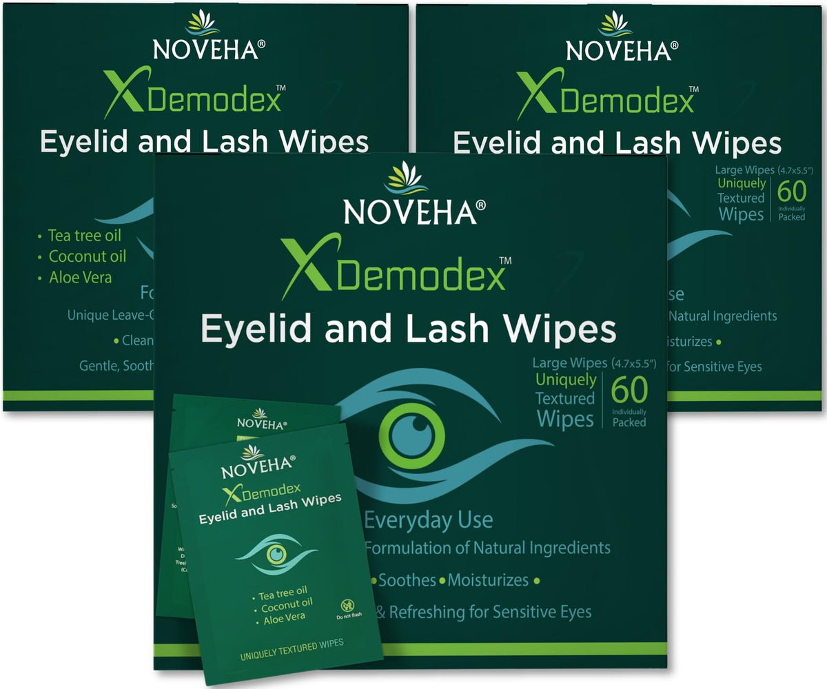 NOVEHA Demodex eyelid wipes in a box of 60 deliver quick, refreshing eye hygiene.