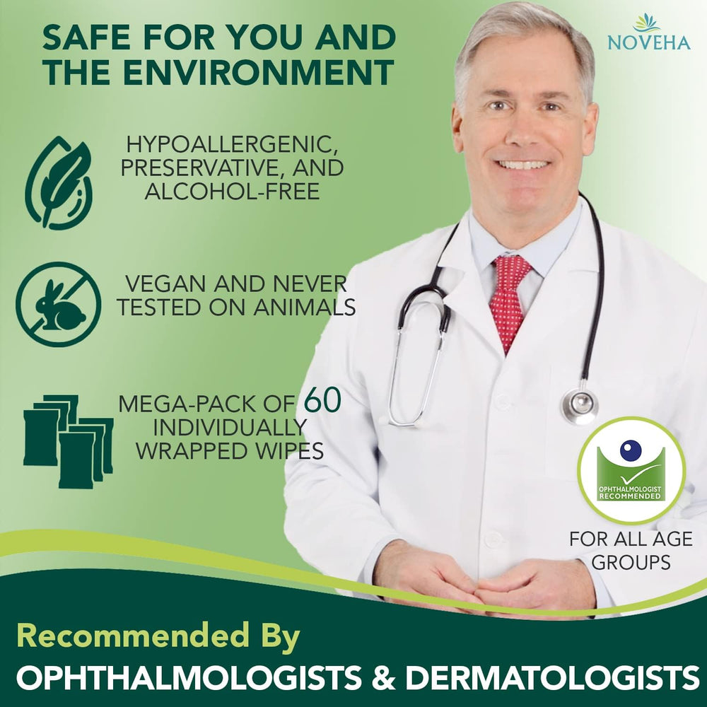 Tea tree oil in NOVEHA wipes provides cleansing power around sensitive eyes.