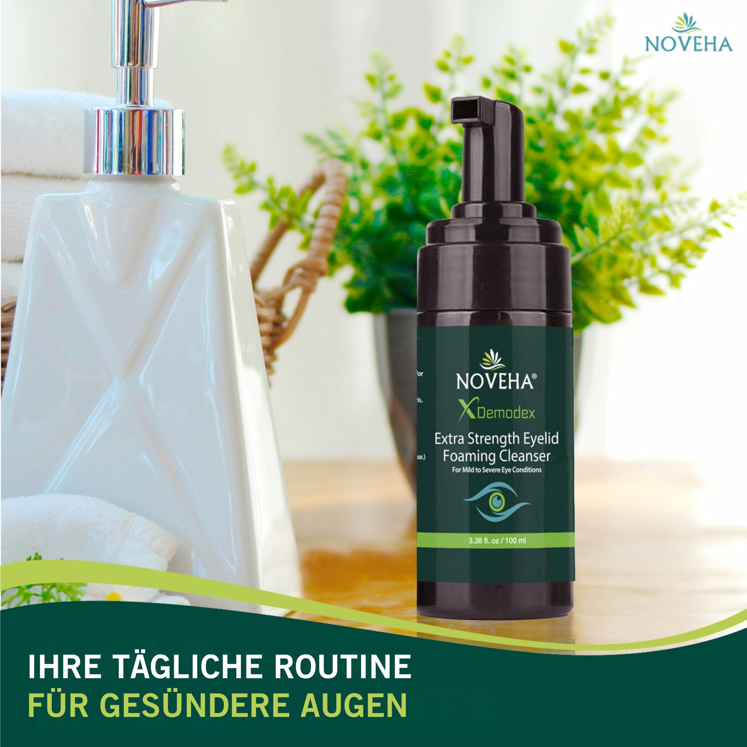 NOVEHA Dermatologist-recommended label on bottle highlights safety and suitability.