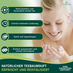 NOVEHA Eye care steps graphic shows foam application for demodex-support daily routine.