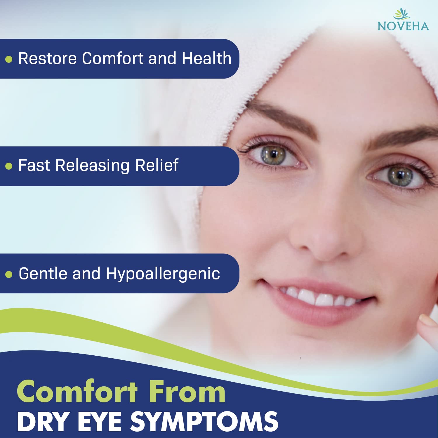Eye area after cleansing with NOVEHA wipes feels refreshed and moisturized.