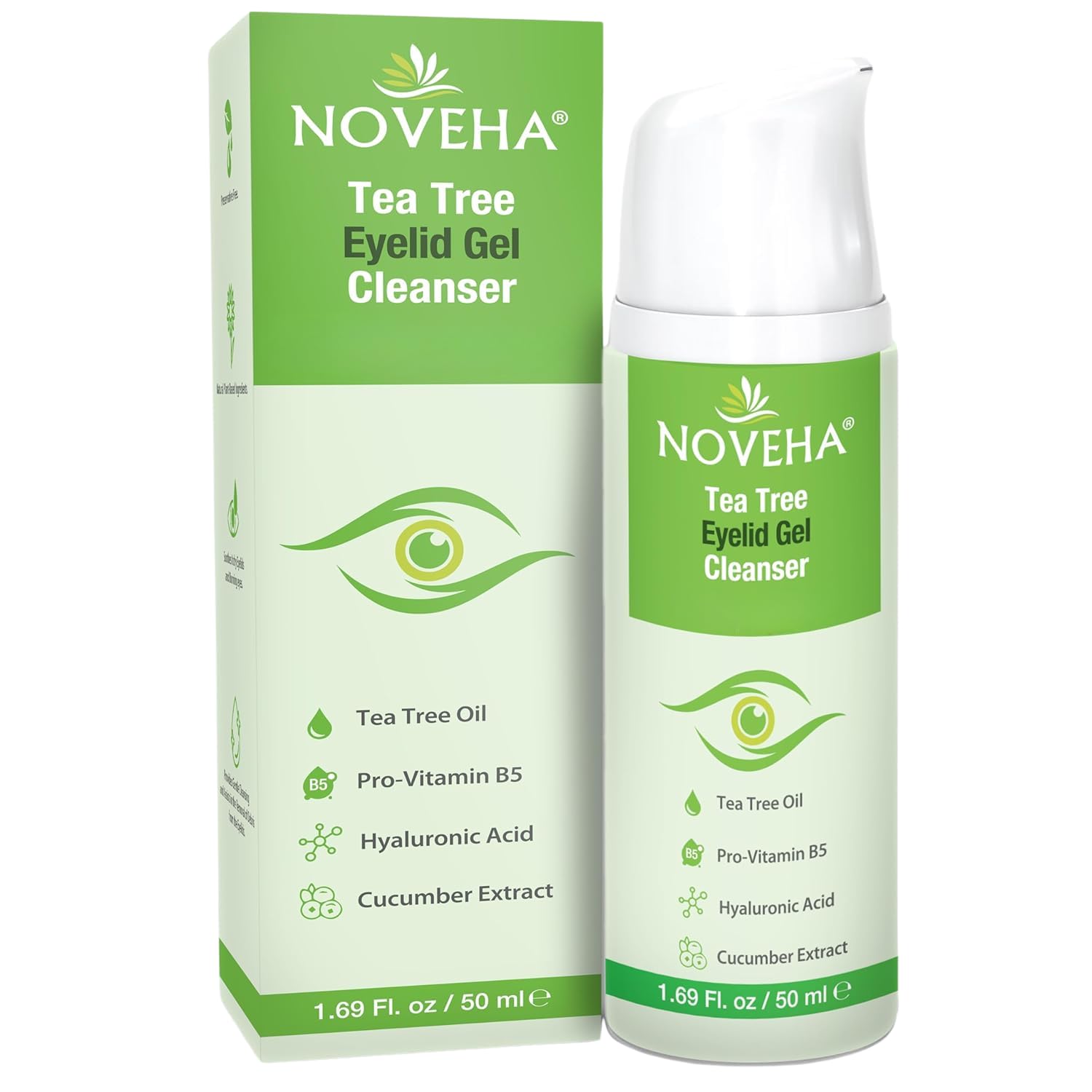 NOVEHA gel limpiador de parpados con arbol de te, limpia suavemente y alivia irritacion ocular.