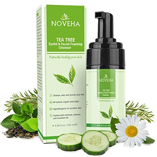 NOVEHA limpiador espumoso de árbol de té en botella para ojos y piel.