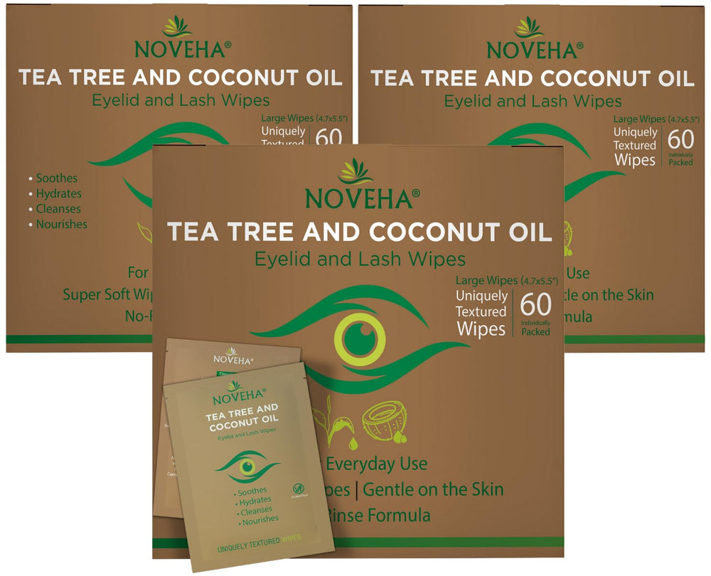 NOVEHA Tea Tree & Coconut Eyelid Wipes close-up for gentle daily cleansing