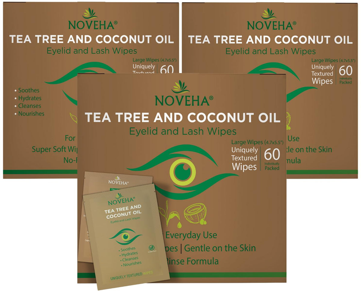 NOVEHA Tea Tree & Coconut Eyelid Wipes close-up for gentle daily cleansing