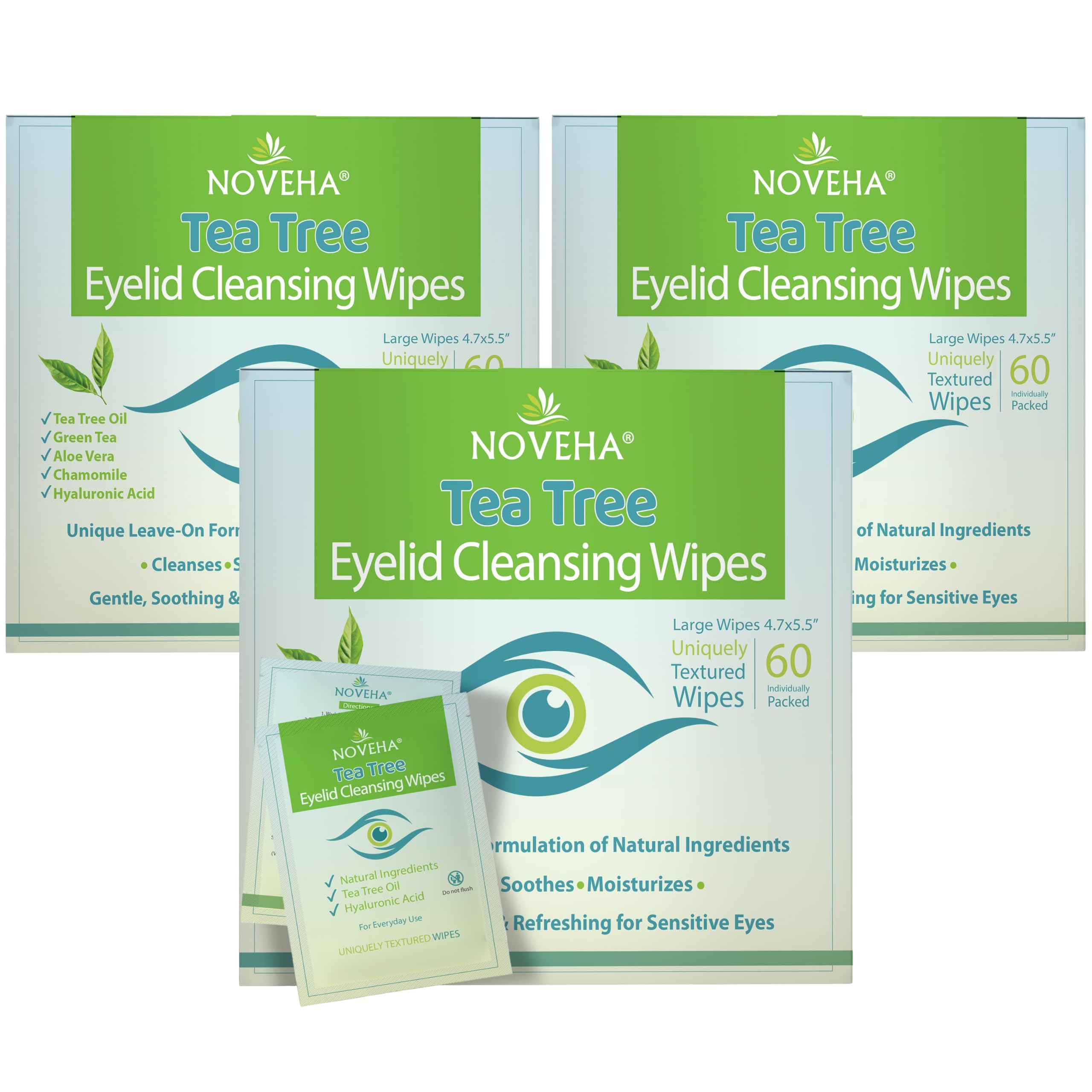 NOVEHA tea tree eyelid wipes with 180pcs for gentle daily cleansing.