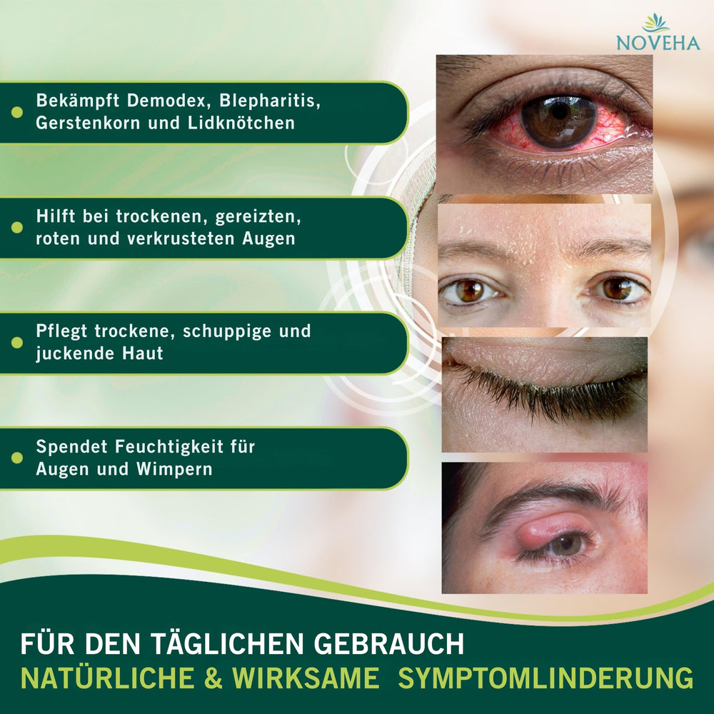NOVEHA Demodex Eyelid Cleanser Foam close-up shows rich lather for eyelid hygiene.