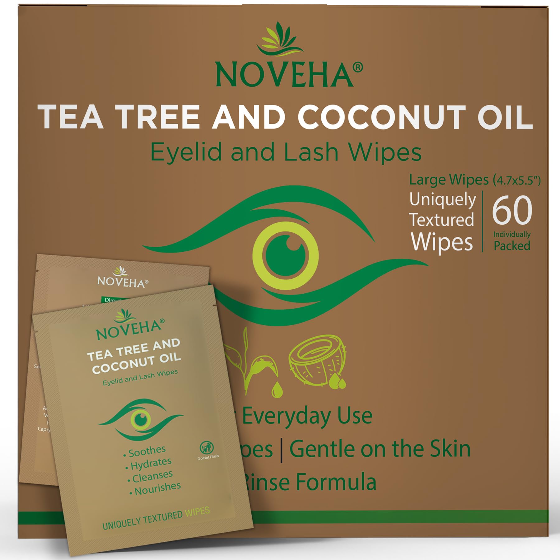 NOVEHA toallitas-ojos-tea-tree-coco-empaque-individual son ideales para limpieza suave diaria.