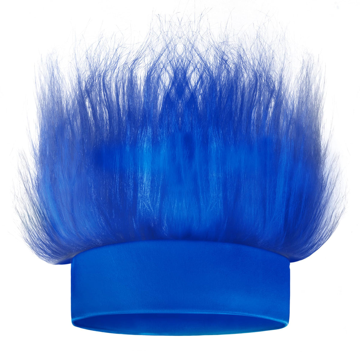 Novelty Place blue hairy headband closeup showing soft flowing hair for bold party looks.