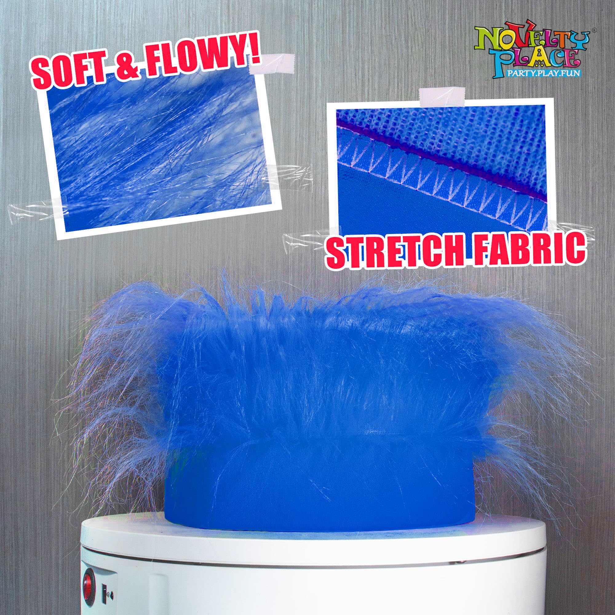Novelty Place blue hairy headband on model showcases vibrant cosplay-ready style.