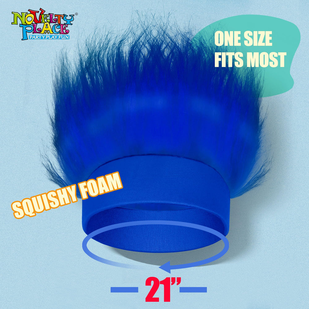 Novelty Place blue hairy headband worn on head demonstrates comfortable all-day cosplay ease.