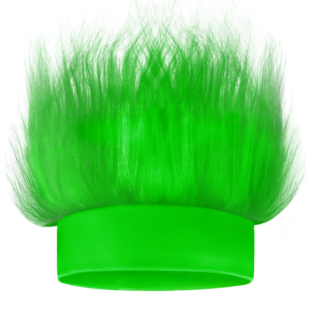 Novelty Place green hairy headband close-up with soft, flowing strands for playful looks.