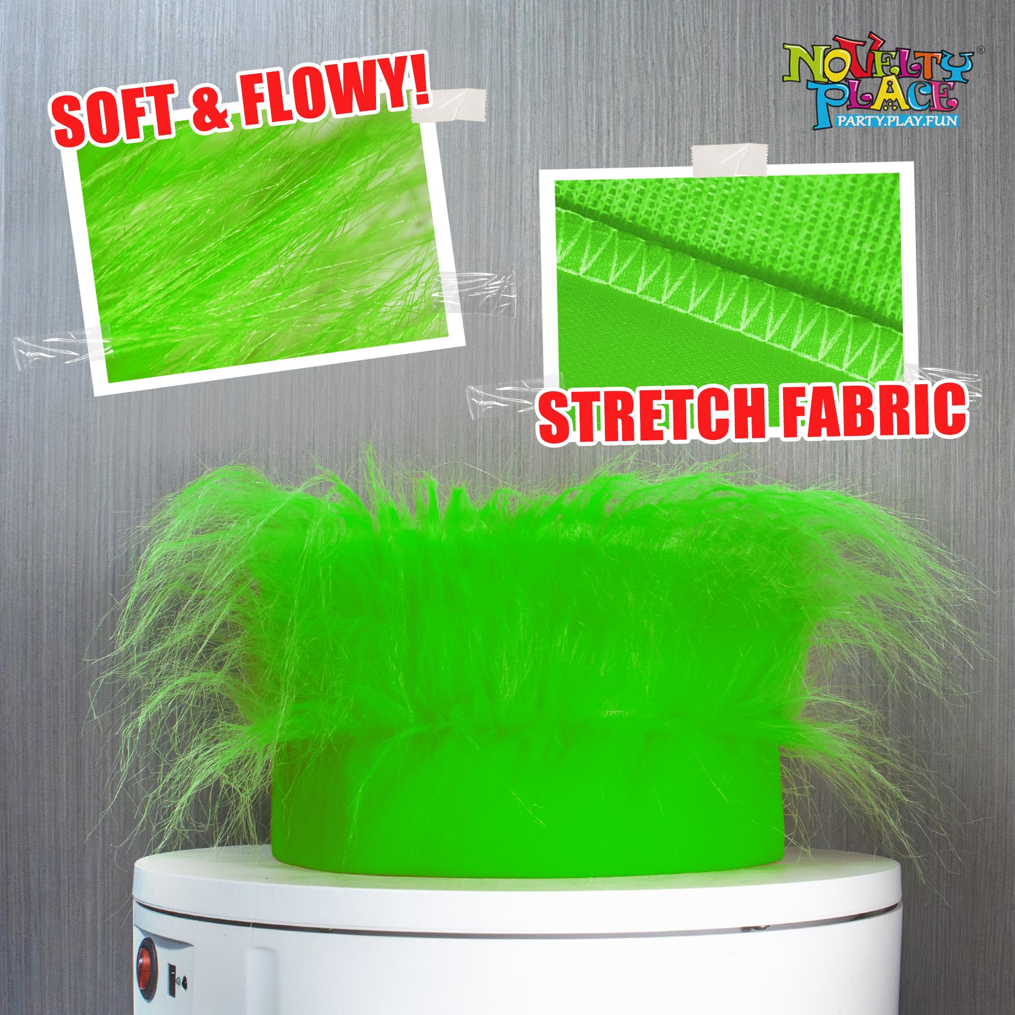 Novelty Place green hairy headband side view shows elastic foam base.