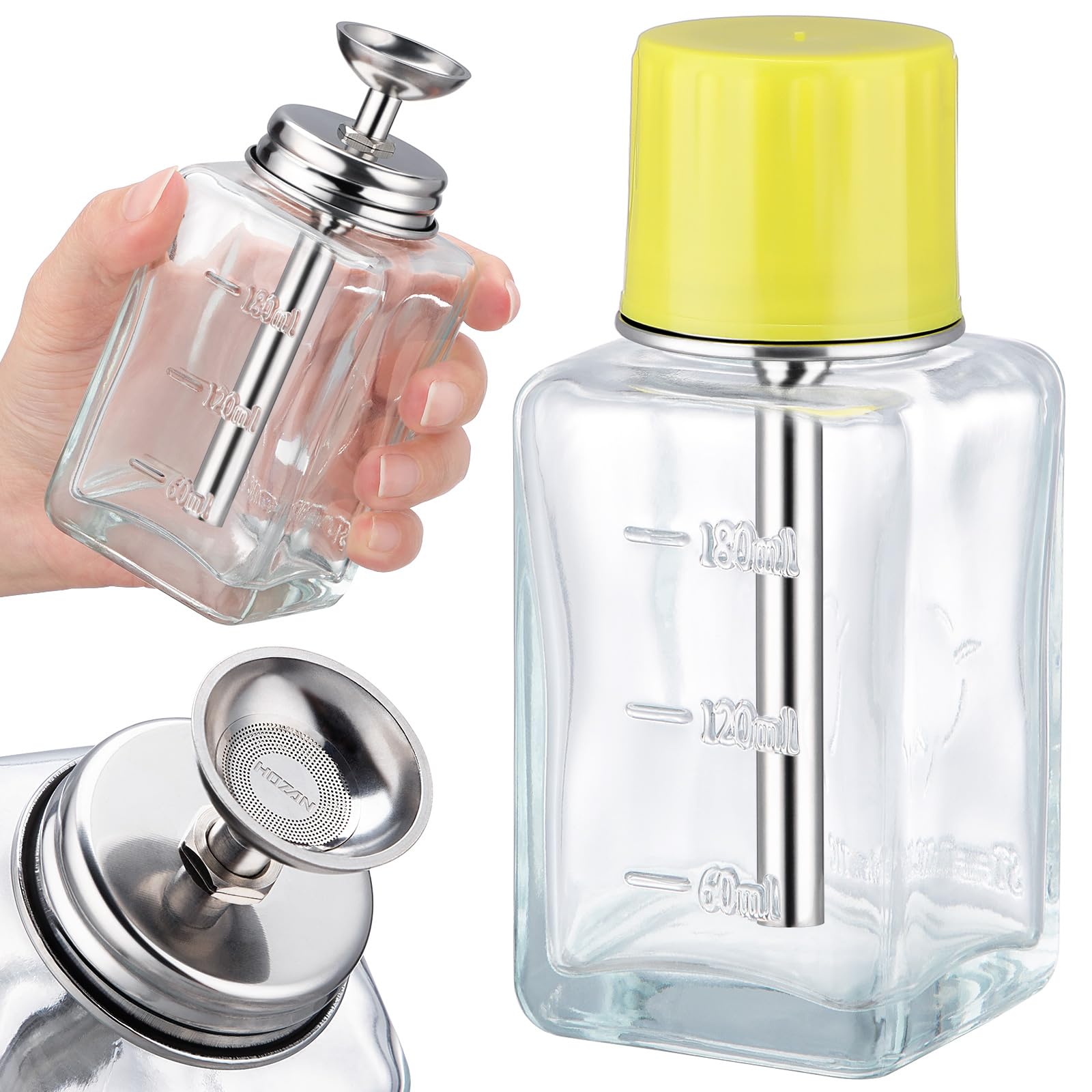 Noverlife glass pump bottle with copper core for precise remover dispensing.