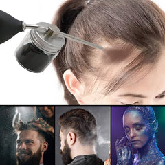 Noverlife hair-building fiber applicator shows directional spray for realistic coverage.